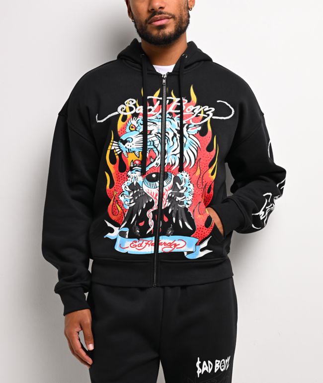 Ed Hardy x $AD BOYZ by Junior H Tiger Flame Black Zip Hoodie - Ed Hardy