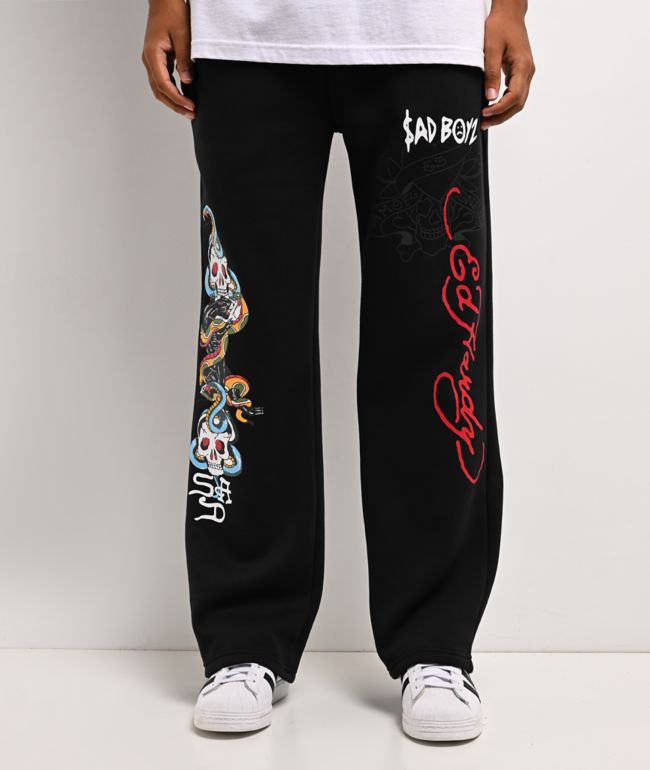 Ed Hardy x $AD BOYZ by Junior H Amor Y Veneno Black Baggy Sweatpants - Ed Hardy