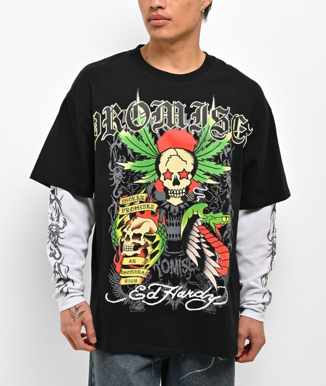 Ed Hardy x Broken Promises Up In Smoke Black & White 2fer Long Sleeve T-Shirt - Ed Hardy