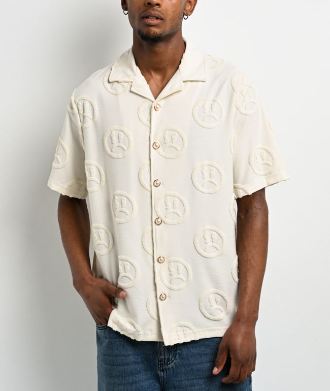 $AD BOYZ by Junior H Face Woven Off White Terry Short Sleeve Button Up Shirt - SAD BOYZ
