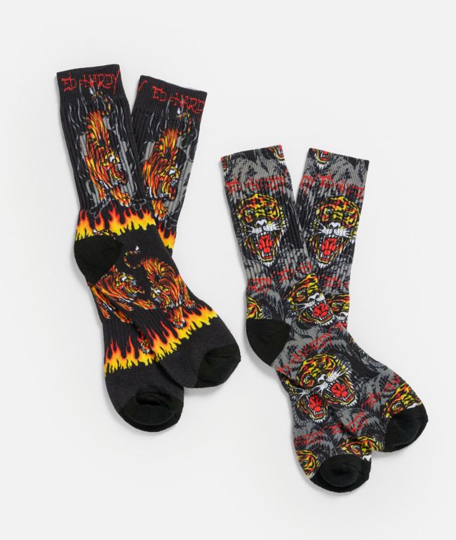 Ed Hardy Tiger Black & Grey 2 Pack Crew Socks - Ed Hardy