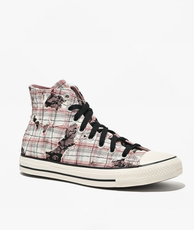 Converse Chuck Taylor All Star Distressed Pink Plaid & Black Lace High Top Shoes - Converse