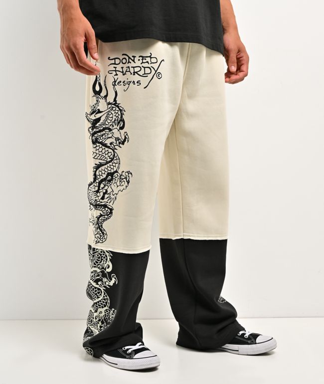 Ed Hardy Japan Dragon Ivory & Black Sweatpants - Ed Hardy