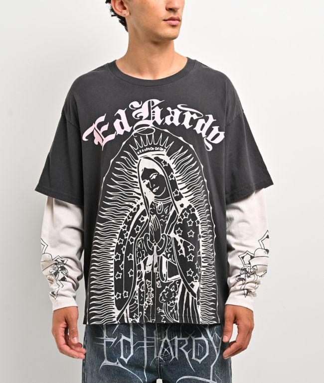 Ed Hardy Mary Grey & White 2fer Long Sleeve T-Shirt - Ed Hardy