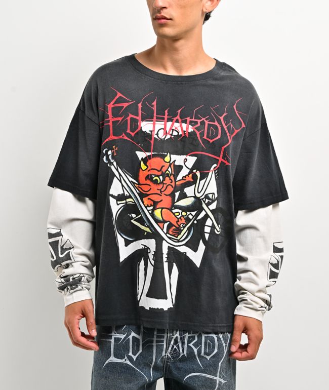 Ed Hardy Devil Bike Black & White 2fer Long Sleeve T-Shirt - Ed Hardy