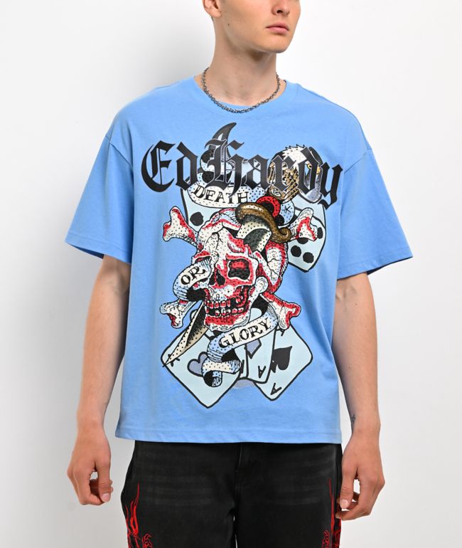 Ed Hardy Skull Rhinestone Blue T-Shirt - Ed Hardy