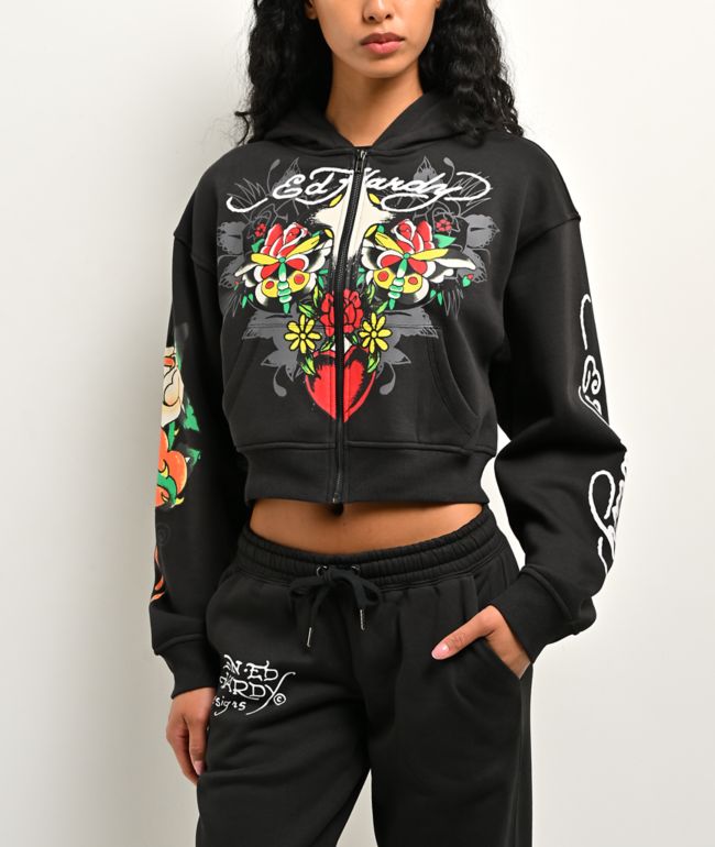 Ed Hardy Cross Heart Black Crop Zip Hoodie - Ed Hardy