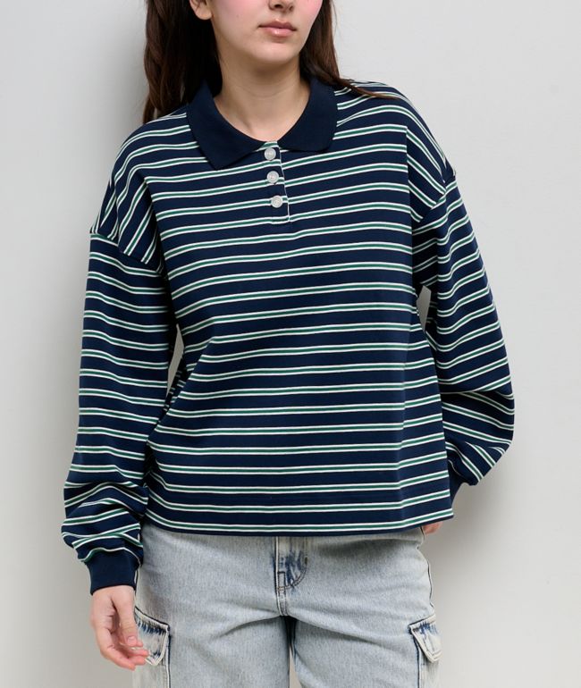 Buttermelon Olive & Navy Stripe Polo Long Sleeve T-Shirt - Buttermelon