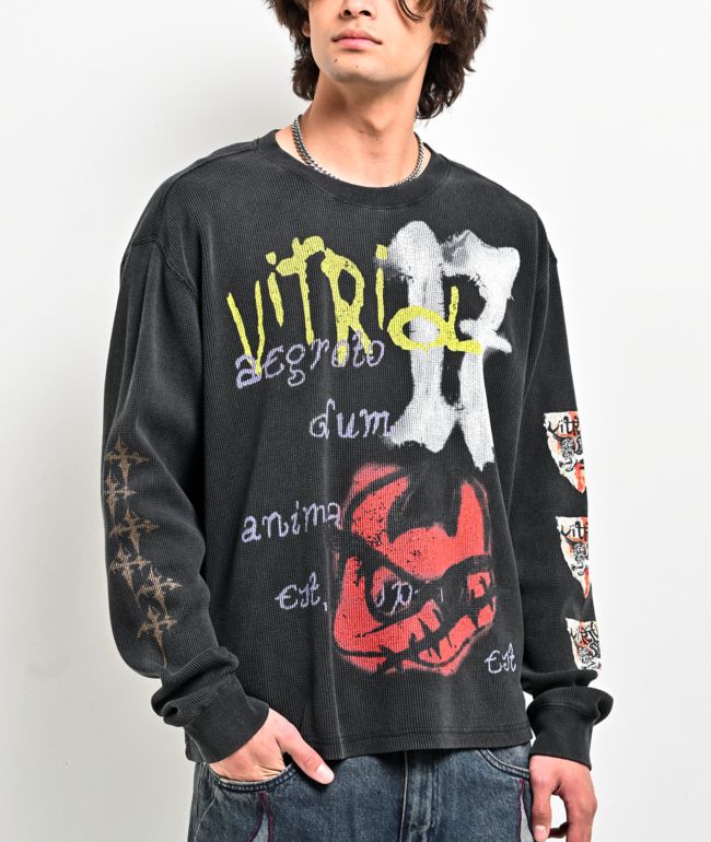 Ninth Hall Fundamentals Thermal Black Wash Boxy 2Fer Long Sleeve T