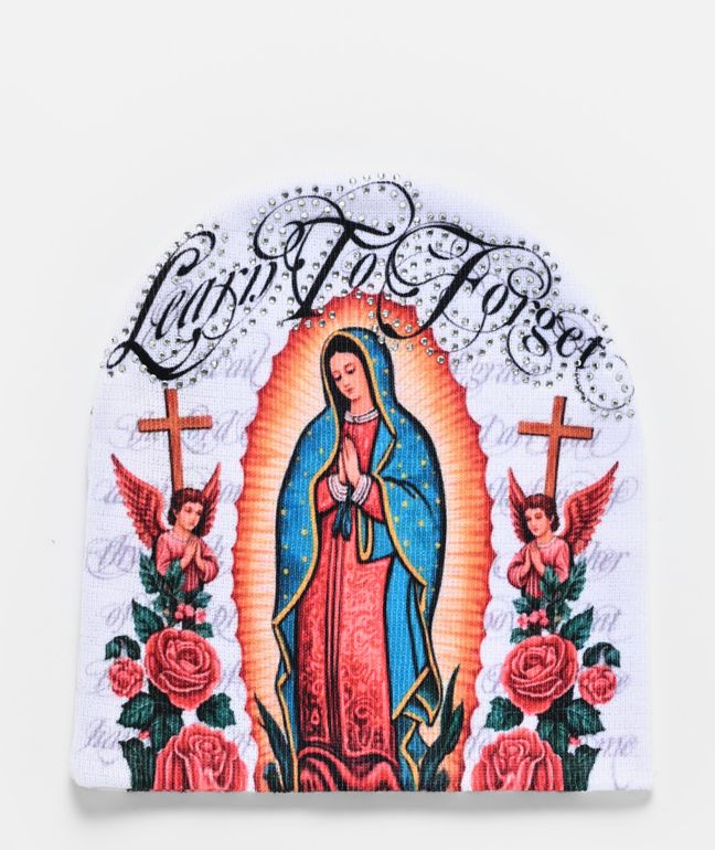 Learn To Forget Mother Mary Rhinestone White Skully Beanie - LTF