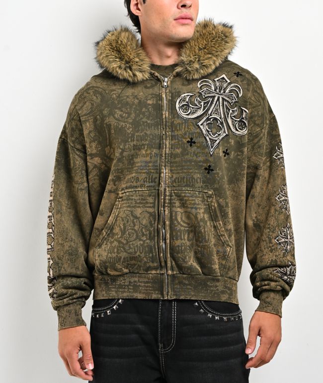 Affliction Courage Faux Fur Green Zip Hoodie - Affliction
