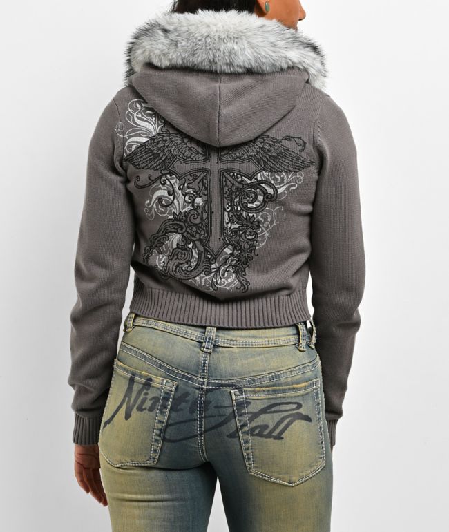 Ninth Hall Crystal Grey Faux Fur Crop Zip Sweater - Ninth Hall