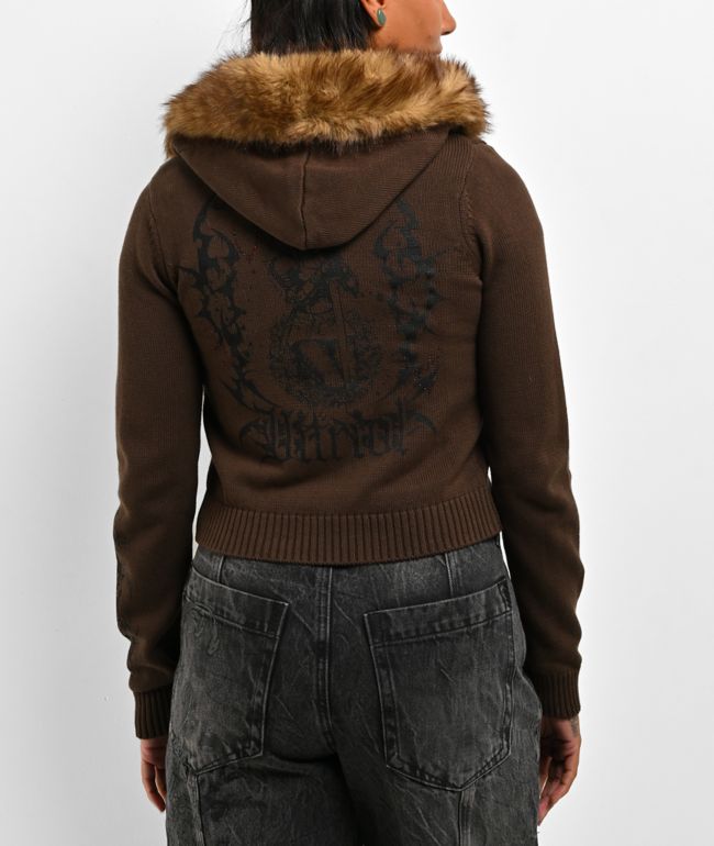 Vitriol Cole Brown Faux Fur Crop Zip Sweater - Vitriol
