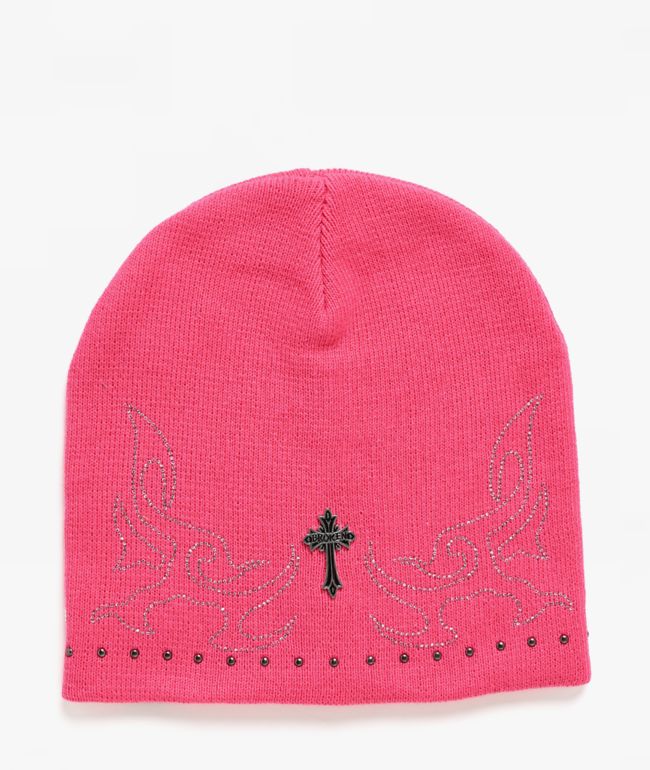 Broken Promises Surrender Rhinestone Pink Skully Beanie - Broken Promises