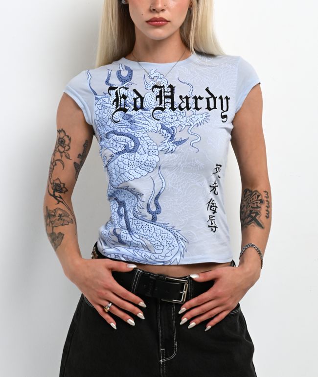 Ed Hardy Flame Dragon Light Blue T-Shirt - Ed Hardy