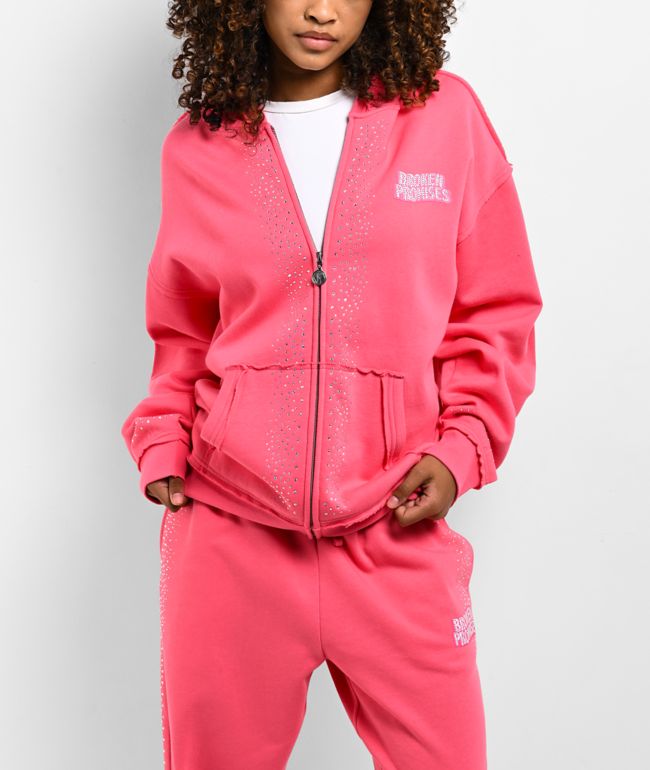Broken Promises Bougie Rhinestone Pink Zip Hoodie - Broken Promises