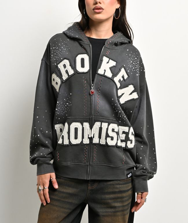 Broken Promises Momentum Rhinestone Grey Wash Zip Hoodie - Broken Promises