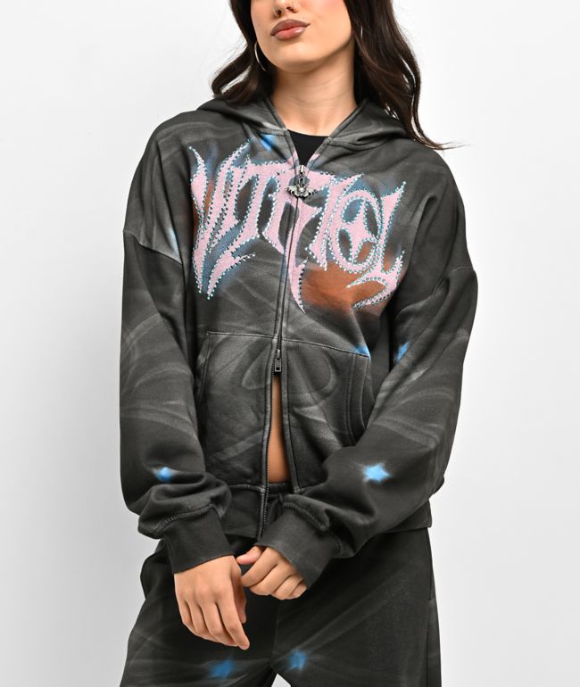 Vitriol Lenexa Smoke Print Rhinestone Grey Body Bag Hoodie - Vitriol