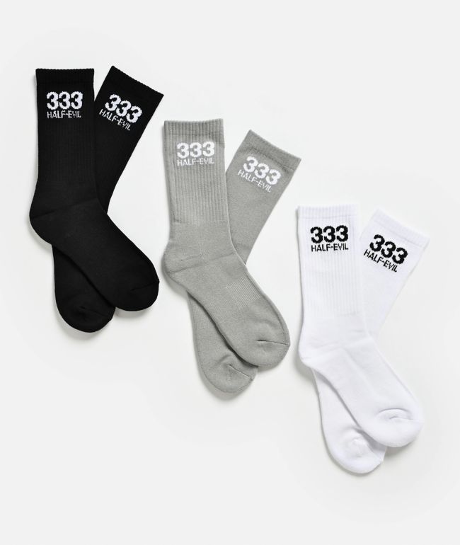 HALF EVIL 3 Pack Black, White & Grey Crew Socks - Half Evil