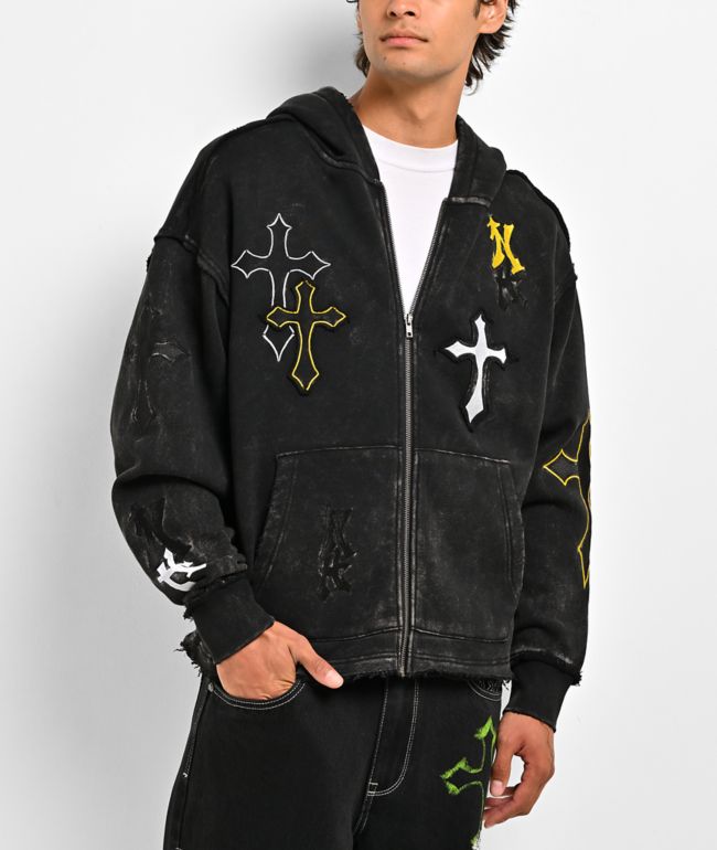 Ninth Hall Cross Black Wash Crop Zip Hoodie - Ninth Hall