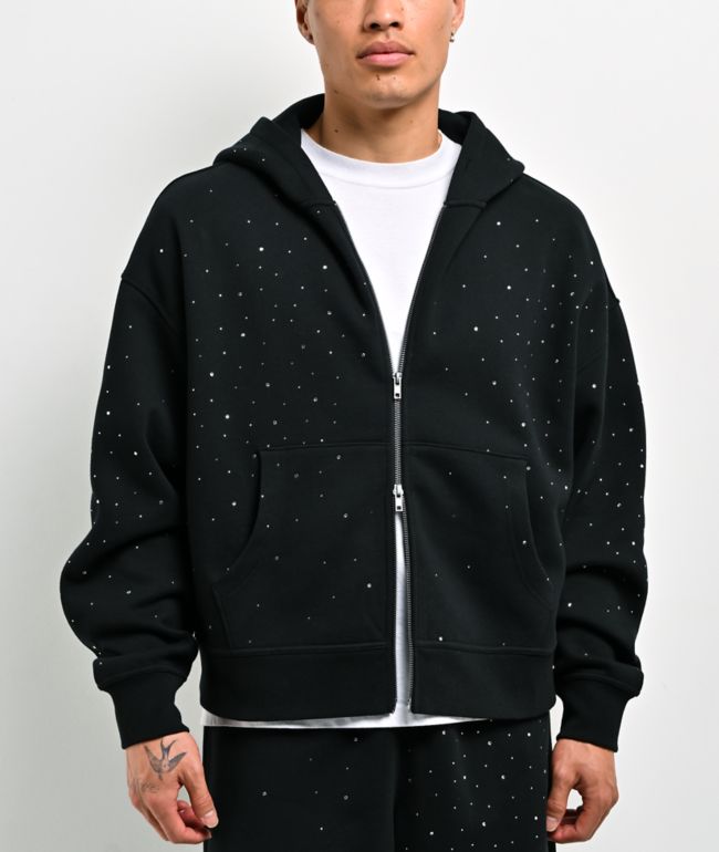 Ninth Hall Fundamentals Rhinestone Black Boxy Zip Hoodie - Ninth Hall Fundamentals