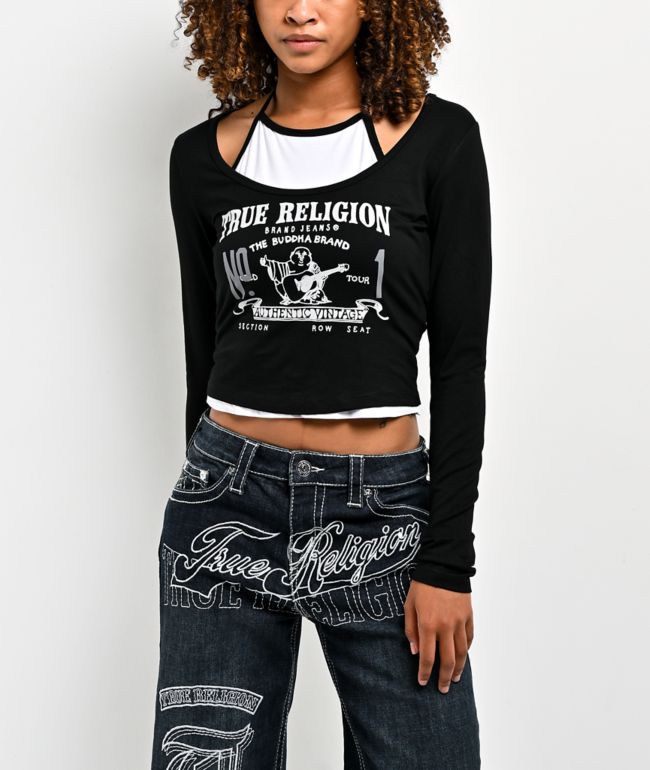 True Religion Heritage Black & White Layered Long Sleeve Crop T-Shirt - True Religion