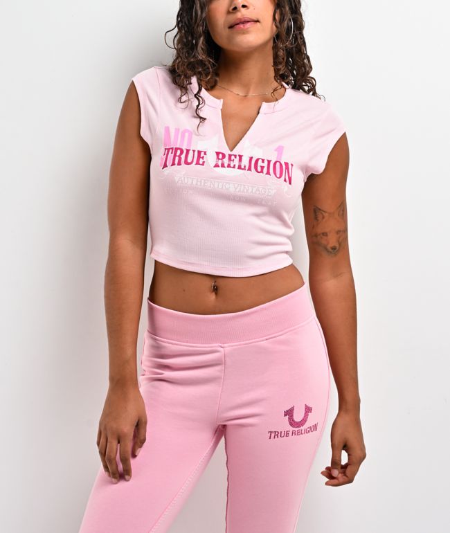 True Religion Appliqué Ribbed V Notch Pink Crop T-Shirt - True Religion