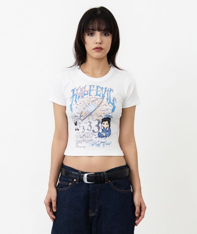 HALF EVIL Angel White Crop T-Shirt - Half Evil