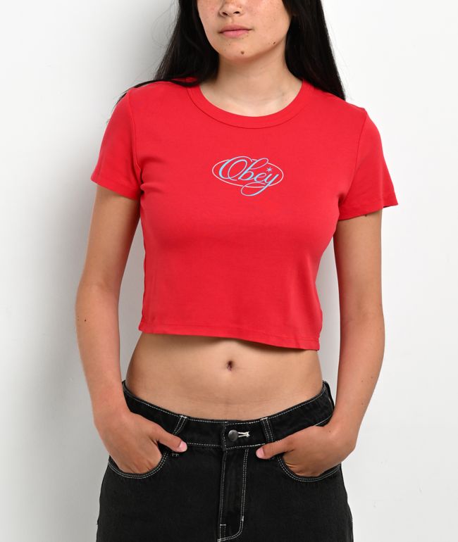 Obey Scripty Skater Red Crop T-Shirt - Obey