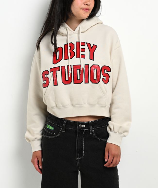 Obey Studios Collegiate Beige Crop Hoodie - Obey