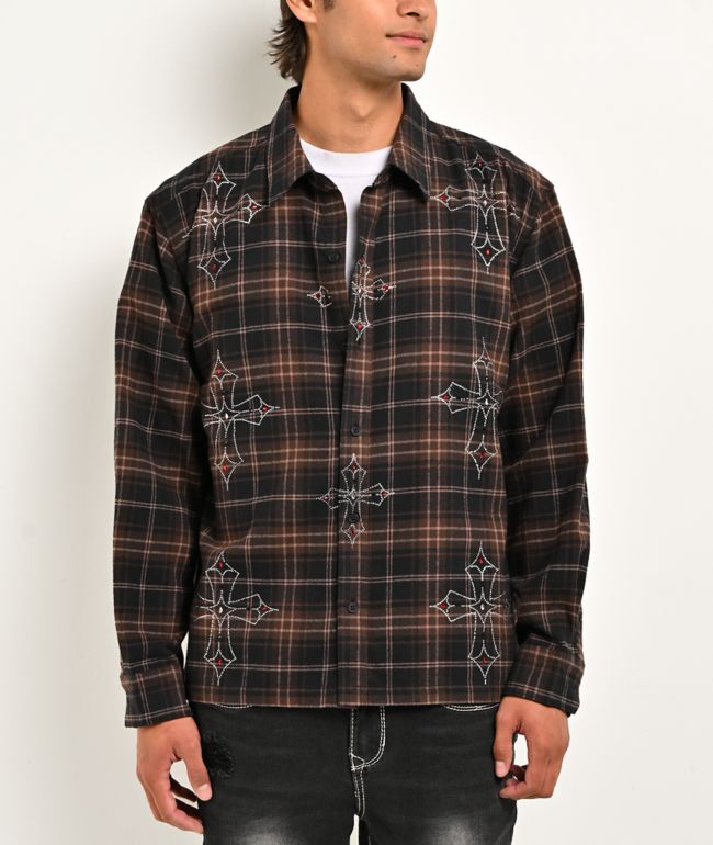 Ninth Hall Cross Rhinestone Brown & Black Boxy Flannel Shirt - Ninth Hall