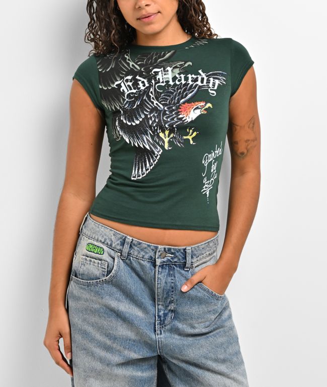 Ed Hardy Eagle Hunter Green Crop T-Shirt - Ed Hardy