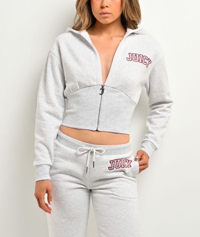 Juicy Couture V-Neck Corset Light Heather Grey Crop Zip Hoodie - Juicy Couture