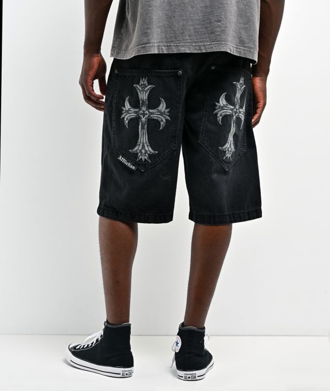 Affliction Creed Black Wash Wide Leg Denim Shorts - Affliction