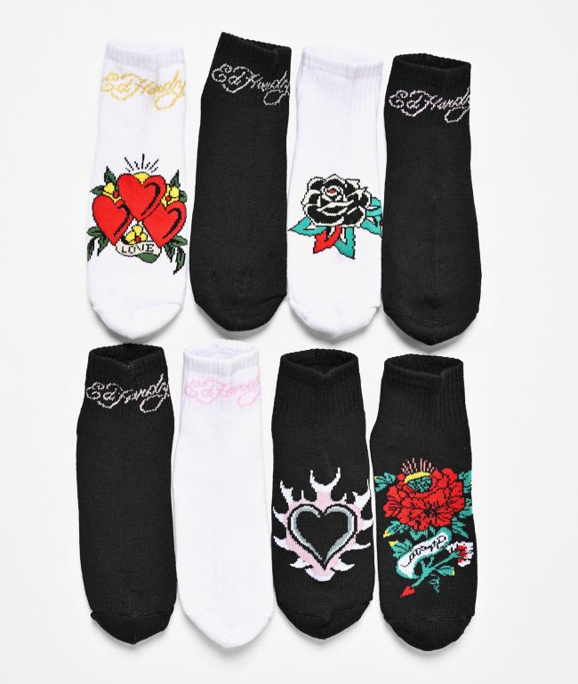 Ed Hardy Tattoo Black & White 8 Pack Ankle Socks - Ed Hardy