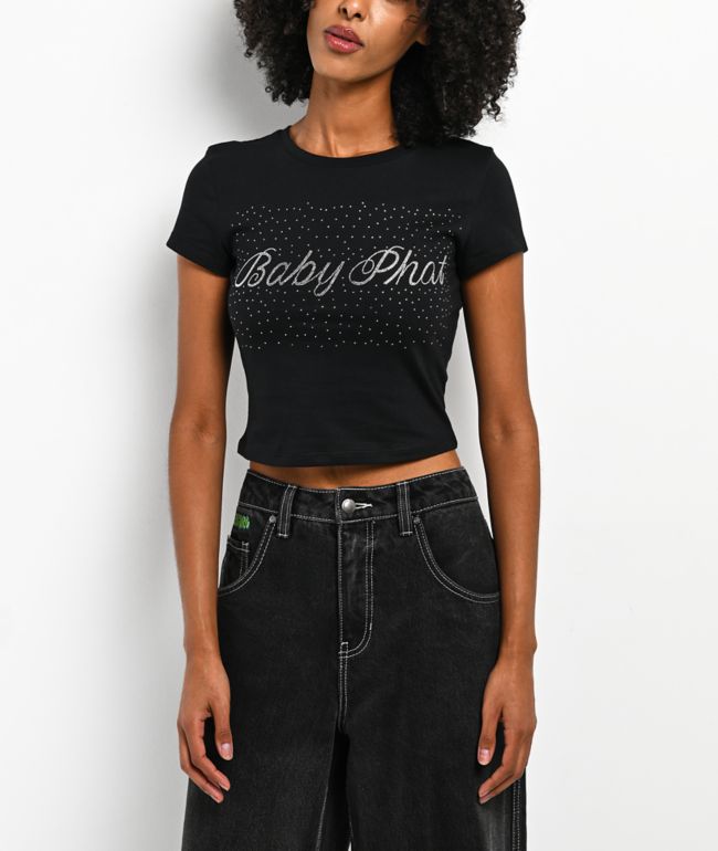 Baby Phat Logo Rhinestone Black Crop T-Shirt - Baby Phat