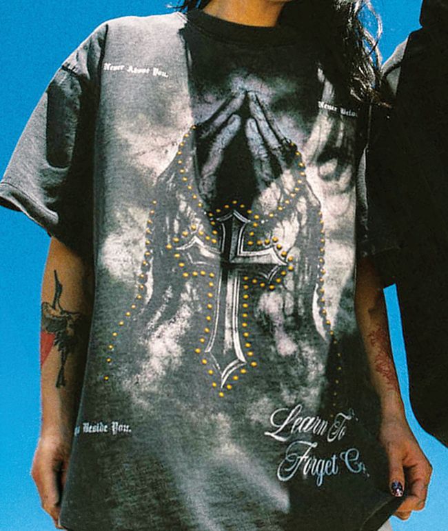 Learn To Forget Grace Cross Rhinestone Black Wash T-Shirt - LTF