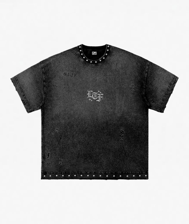 Learn To Forget Thrashed Studded Black Wash T-Shirt - LTF