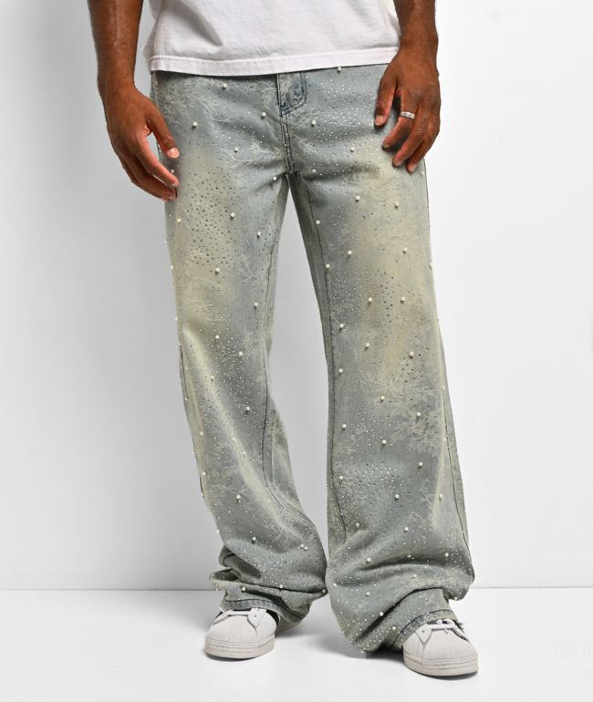 American Stitch Embroidered Print Light Blue Wash Jeans - American Stitch