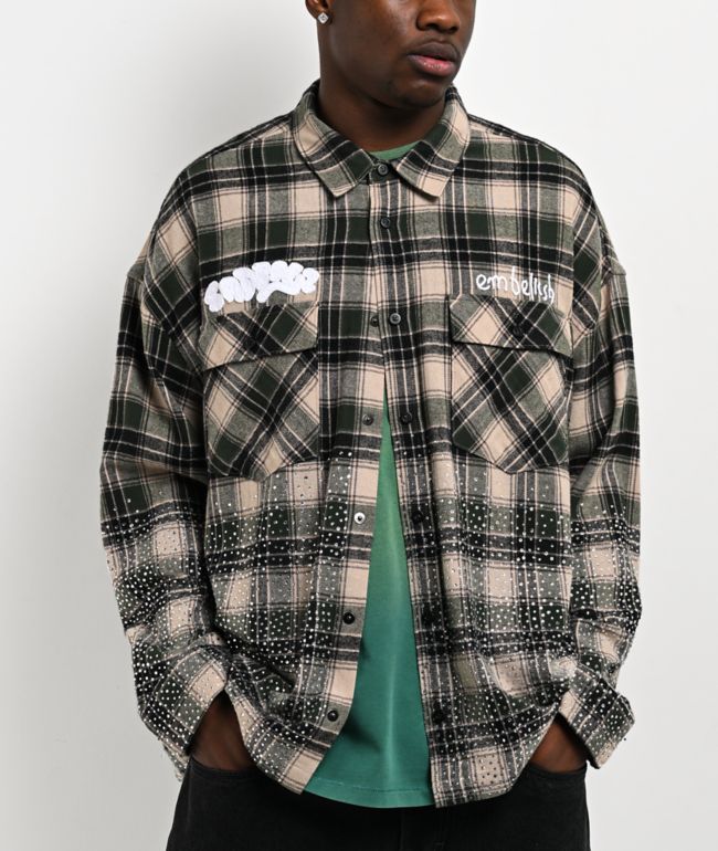 $AD BOYZ by Junior H x Embellish Crystal Green & Brown Flannel Shirt - SAD BOYZ