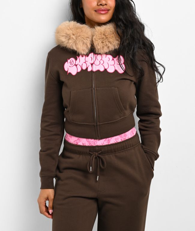 Empyre Joan Faux Fur Brown & Pink Zip Up Hoodie - Empyre