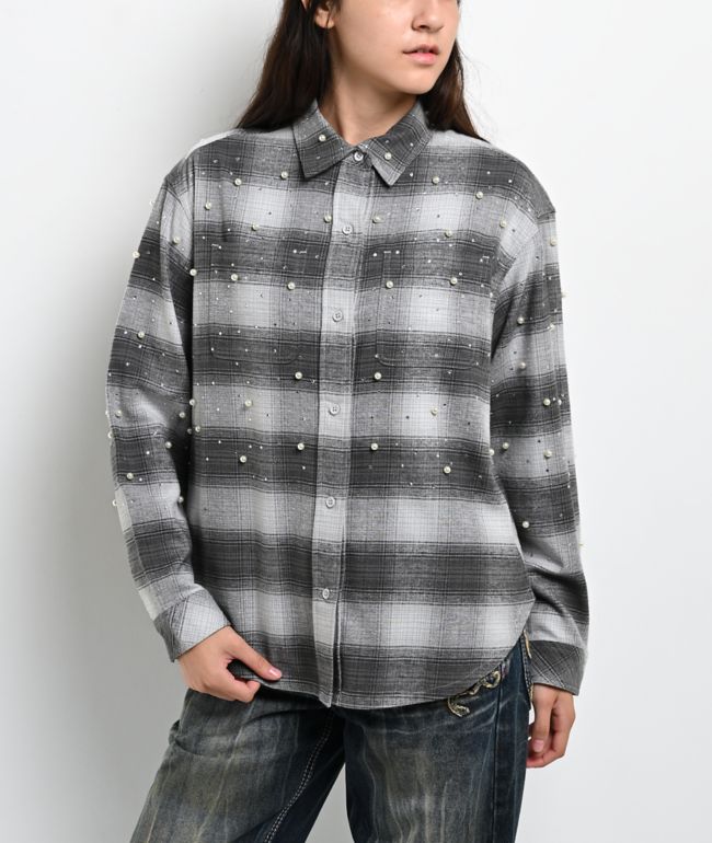 Ninth Hall Pearl & Rhinestone Grey Flannel Shirt - Ninth Hall
