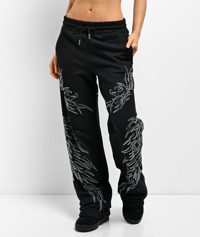 Insomnia Visuals Wings Rhinestone Black Sweatpants - Insomnia Visuals