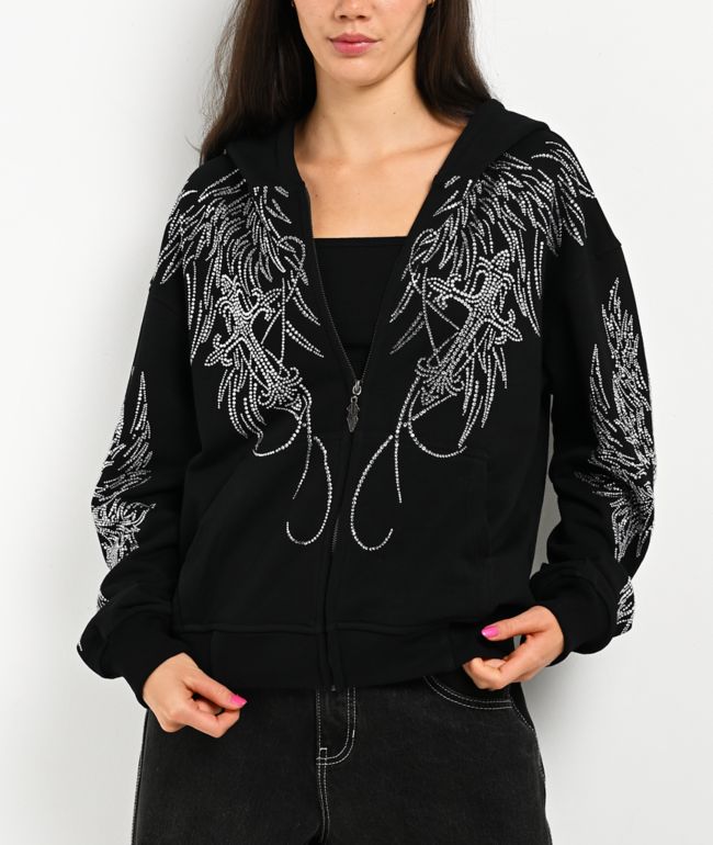 Insomnia Visuals Wings Rhinestone Black Zip Hoodie - Insomnia Visuals