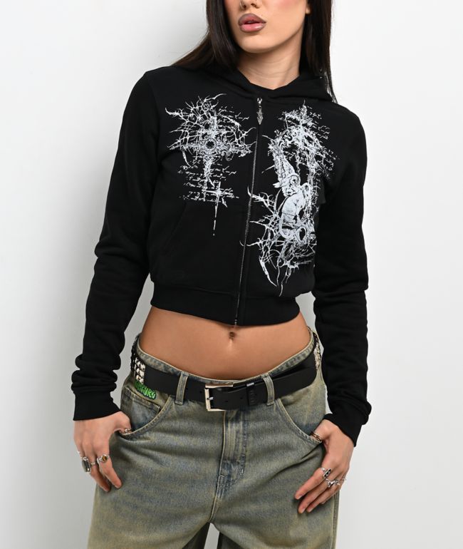 Insomnia Visuals Kitty Sigilism Black Crop Zip Hoodie - Insomnia Visuals