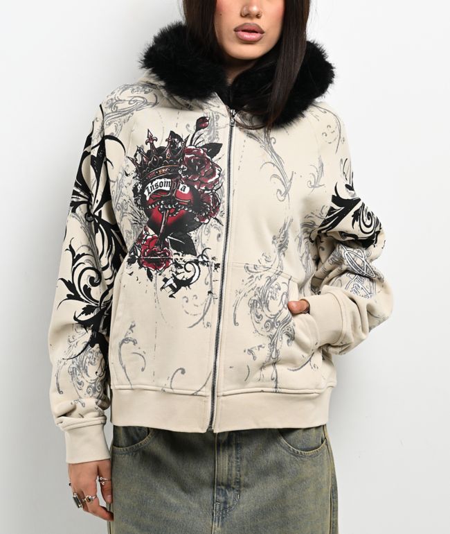 Insomnia Visuals Royal Heart Faux Fur Cream Zip Hoodie - Insomnia Visuals