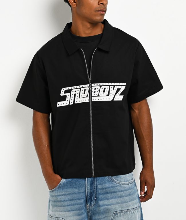 $AD BOYZ by Junior H Rhinestone Black Full Zip Work Shirt - SAD BOYZ