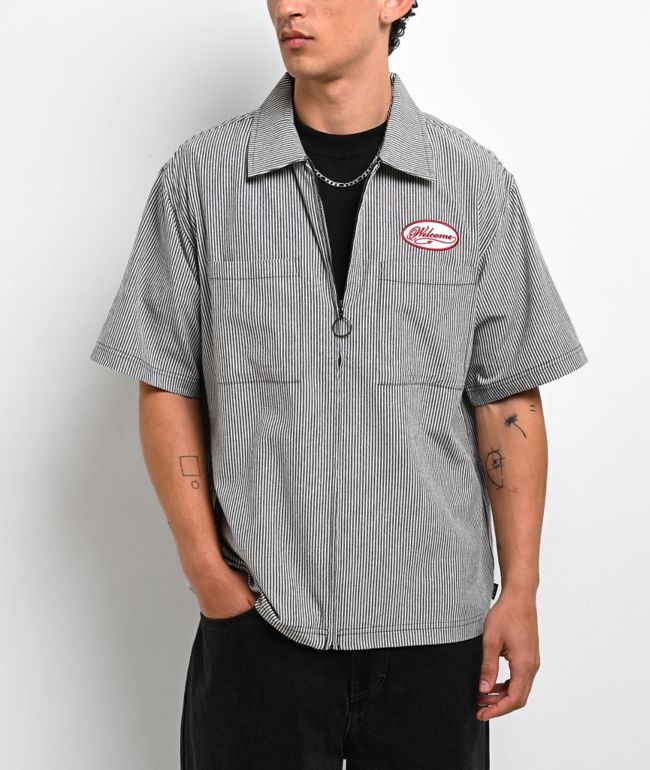 Welcome Garage White & Black Stripe Zip Work Shirt - Welcome Skateboards