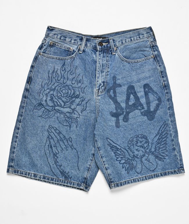 $AD BOYZ by Junior H Printed Grail Blue Wash Denim Shorts - SAD BOYZ
