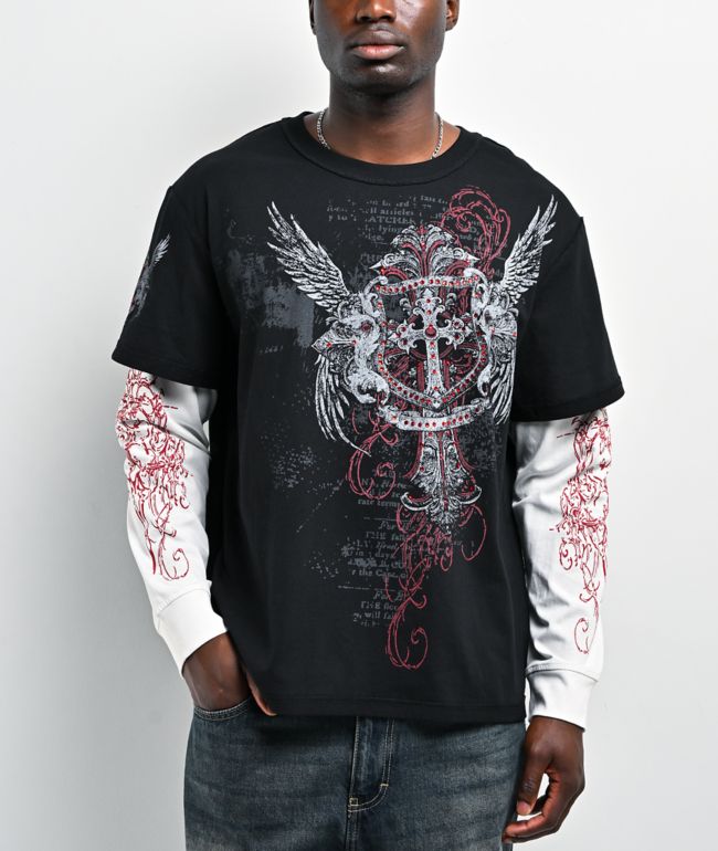 Insomnia Visuals Winged Cross Black & White 2fer Long Sleeve T-Shirt - Insomnia Visuals